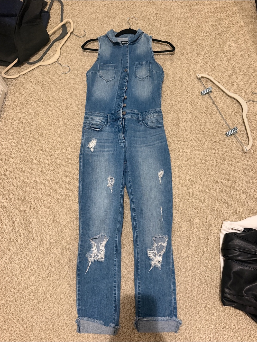 Denim Sleeveless Jumpsuit - Distressed Blue Women Jeans